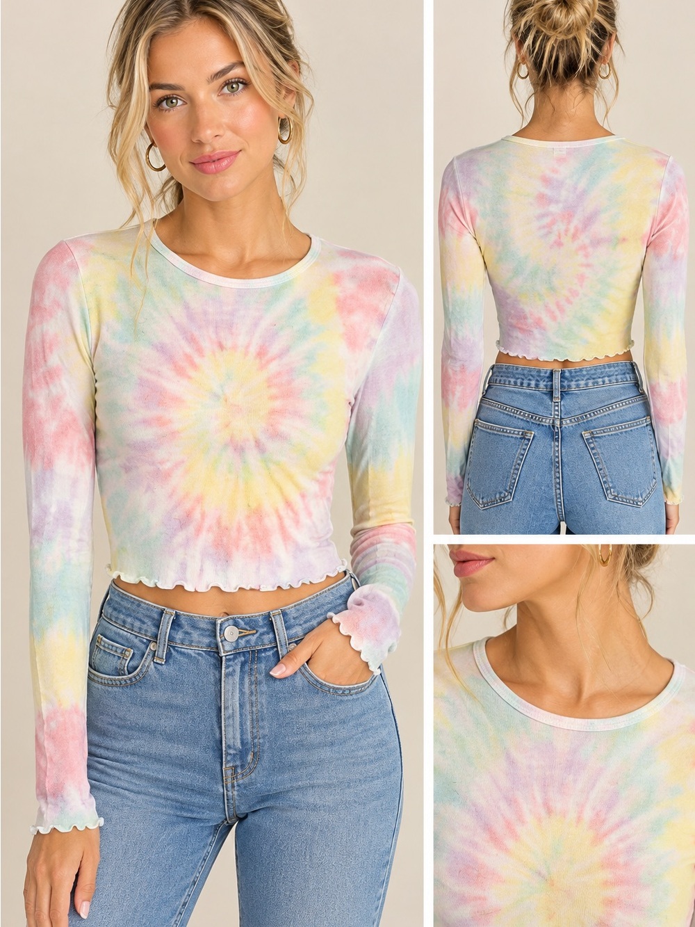 Tie-Dye Long Sleeve Crop Top - Pastel